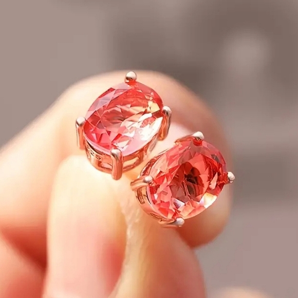 .925 Sterling Silver Rose Gold Plated Natural Pink Tourmaline Studs - Picture 2 of 2